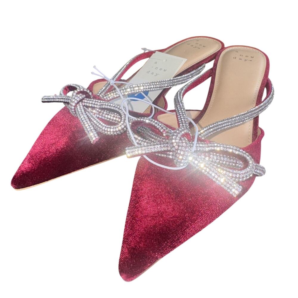 A NEW DAY RHINESTONE BOW KITTEN HEEL MULES BURGUNDY WOMENS SIZE 7 BURGUNDY